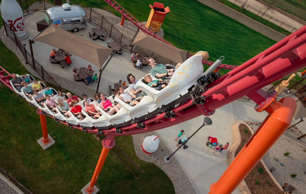 Good Gravy! Family Roller Coaster train at the peak of the spike.